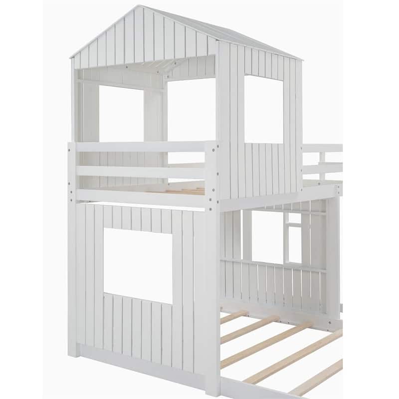 Merax Wooden Twin over Full Bunk Bed with Playhouse, Farmhouse, Ladder and Guardrails