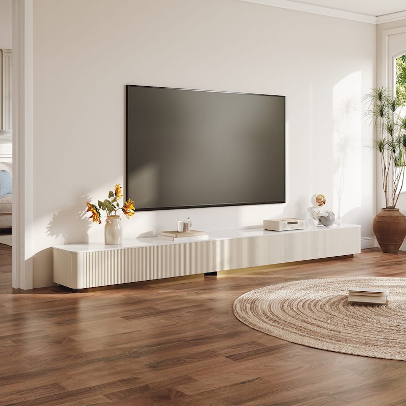 94.5-142" Modern TV Stands, White Glossy Sintered Stoe Table top Media Console with 4-6 Drawers for Option - 118" 5 Drawers