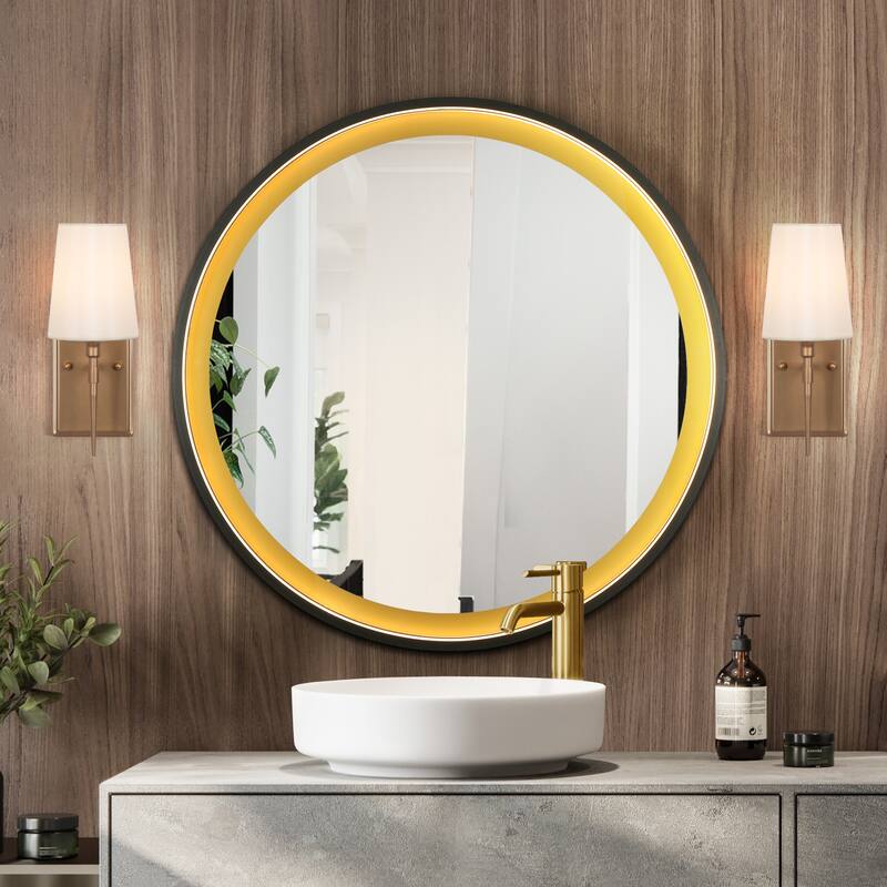 Large LED Bathroom Vanity Wall Mirror Dimmable Touch Sensor Anti-fog - Black/Gold - 36'' H x 36'' W x 1.65" D