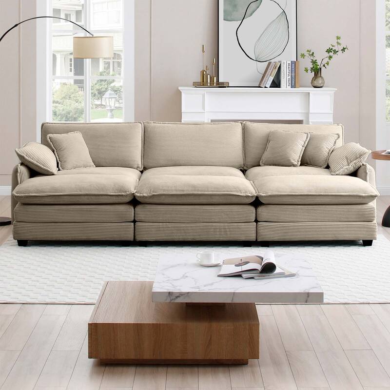 3-seater Corduroy Modular Sectional Sofa Set with Ottomans - Tan
