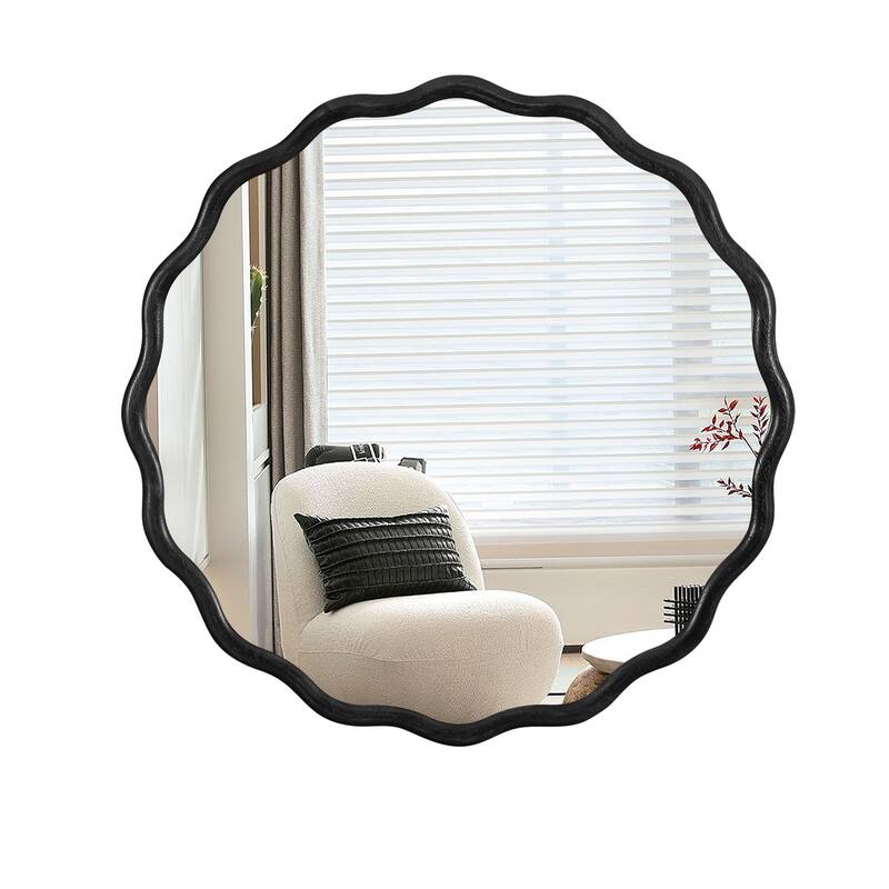 Solid Wood Wavy Mirror-Black Vanity Mirror Wall Decor 36" x 36" Modern Mirror Wall Decor