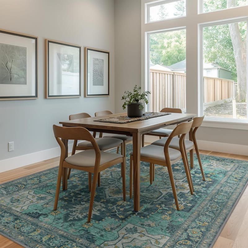 Mcow Green Floral Low Pile Machine Washable Non-Slip Area Rug