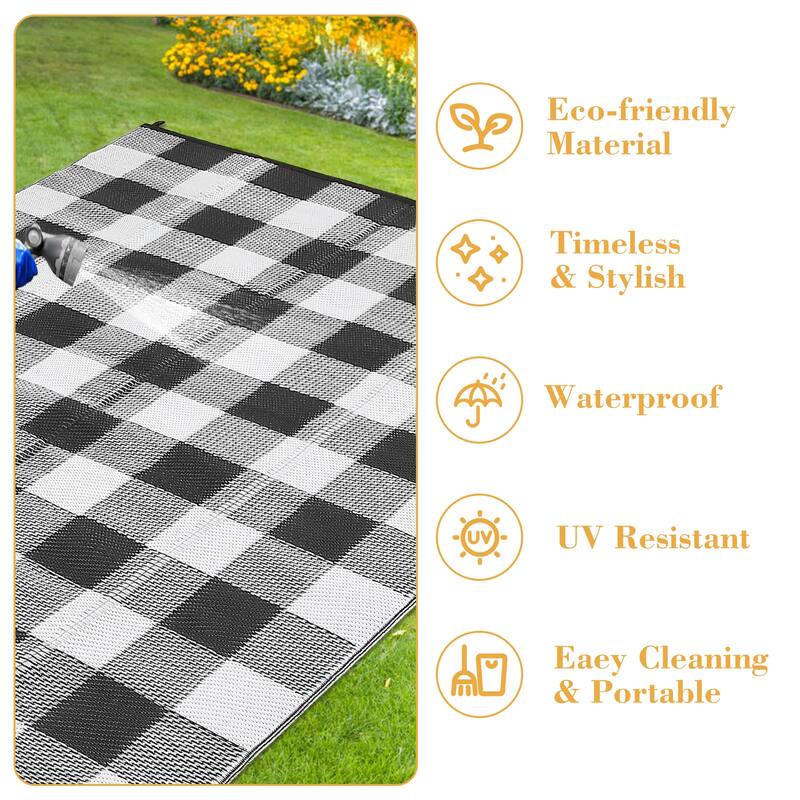 Outdoor Rug Waterproof Reversible Rug Indoor Outdoor Plaid Area Rug Plastic Straw Rug for Camping RV Backyard Patio