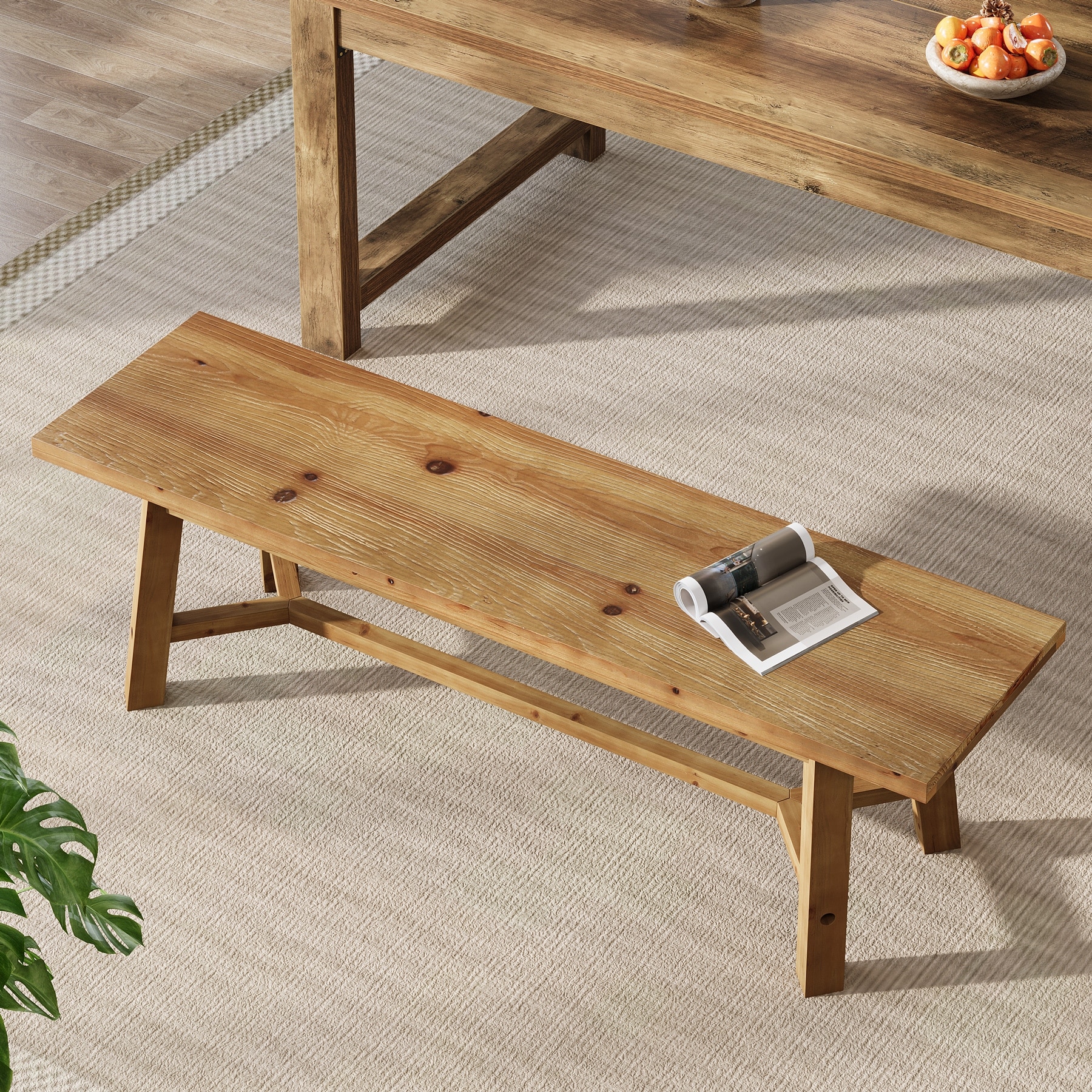 55'' Solid Wood Dining Bench, Farmhouse Long Bench for Kitchen Entryway