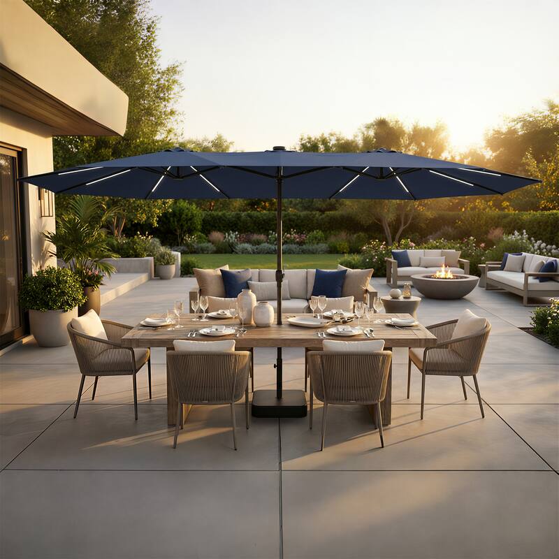 15FT Solar LED Double-Sided Patio Umbrella with Base, 12 Light Strips, 2000mAh