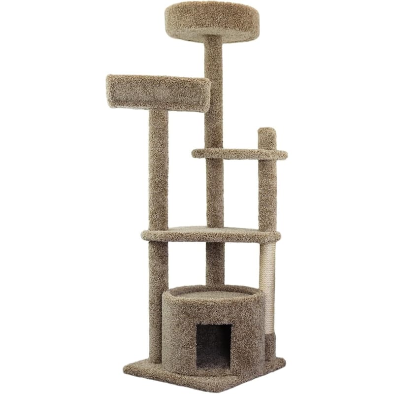 64" Multi-Level Cat Tower with Hammock Perch, Enclosed Cat House, Flat Platforms and Sisal Posts for Playful Cats