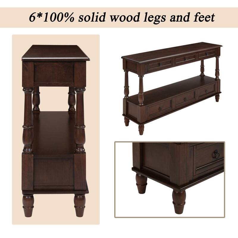 Retro 54" Solid Wood Console Table with 6 Drawers and Shelf for Vintage Living Room and Hallway Storage