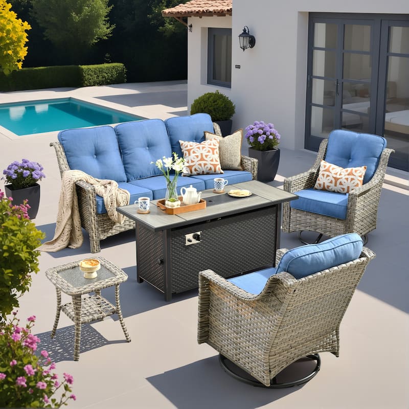 OVIOS 5 Pieces Outdoor Wicker Set with 54" Fire Table
