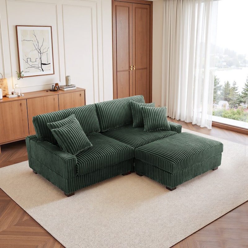 Mia 78" W Plush Corduroy Modular Sectional Sofa With Ottoman - 78" W
