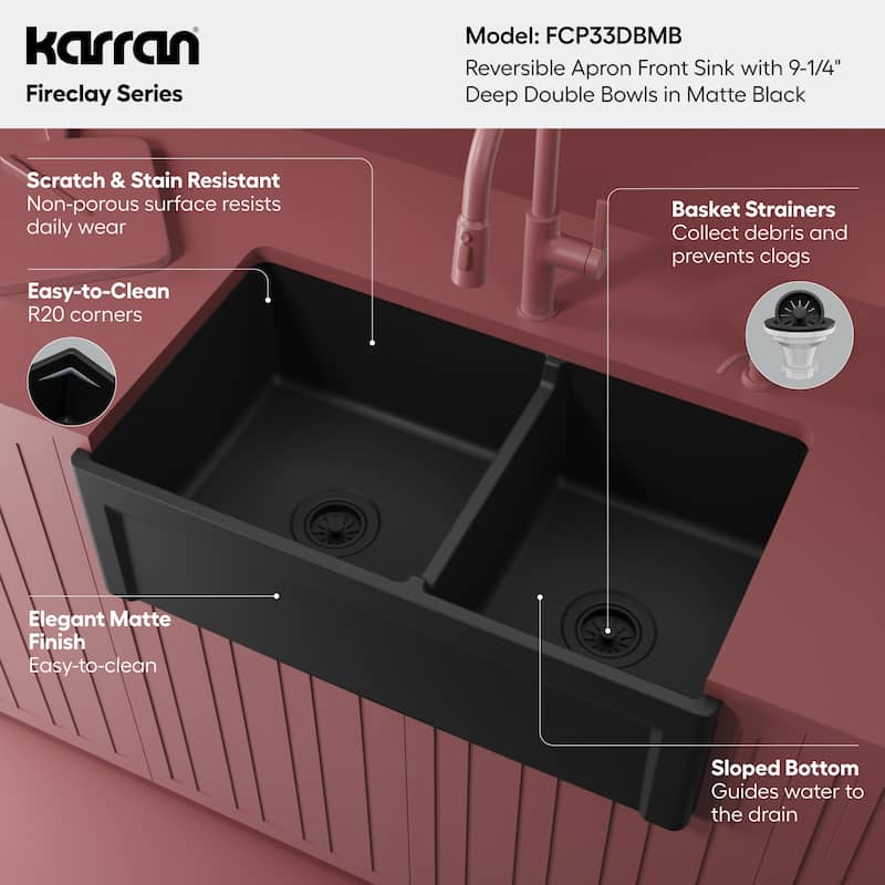 Karran 33" Double Bowl Panel Front Farmhouse Fireclay Kitchen Sink with Reversible Apron Front