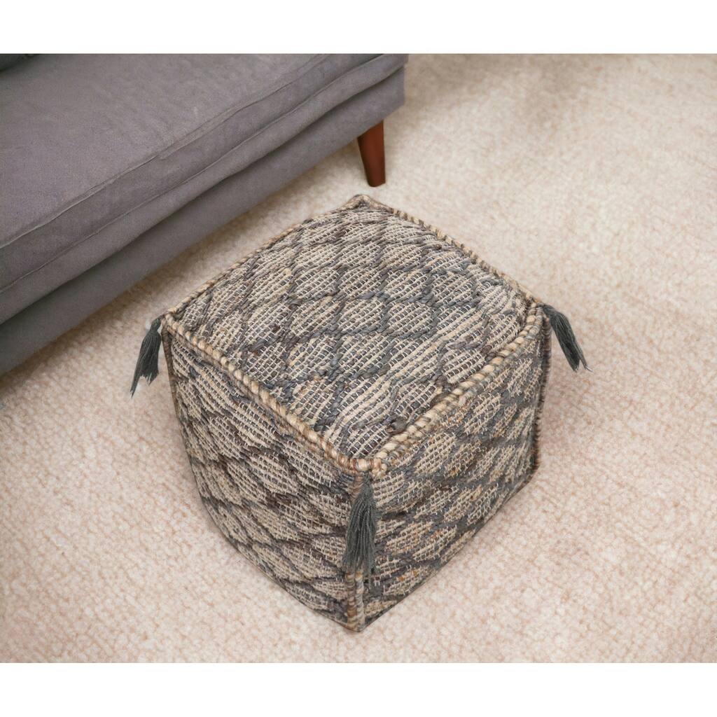 18" Natural Gray And Taupe Jute Cube Trellis Pouf Ottoman
