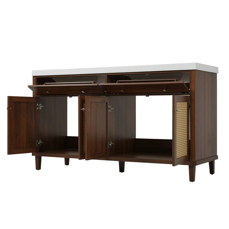 Christopher Knight Home - Bellmere 60" Modern Double Sink Bathroom Vanity with SMC Sink, Soft-Close Storage, and Wood Legs