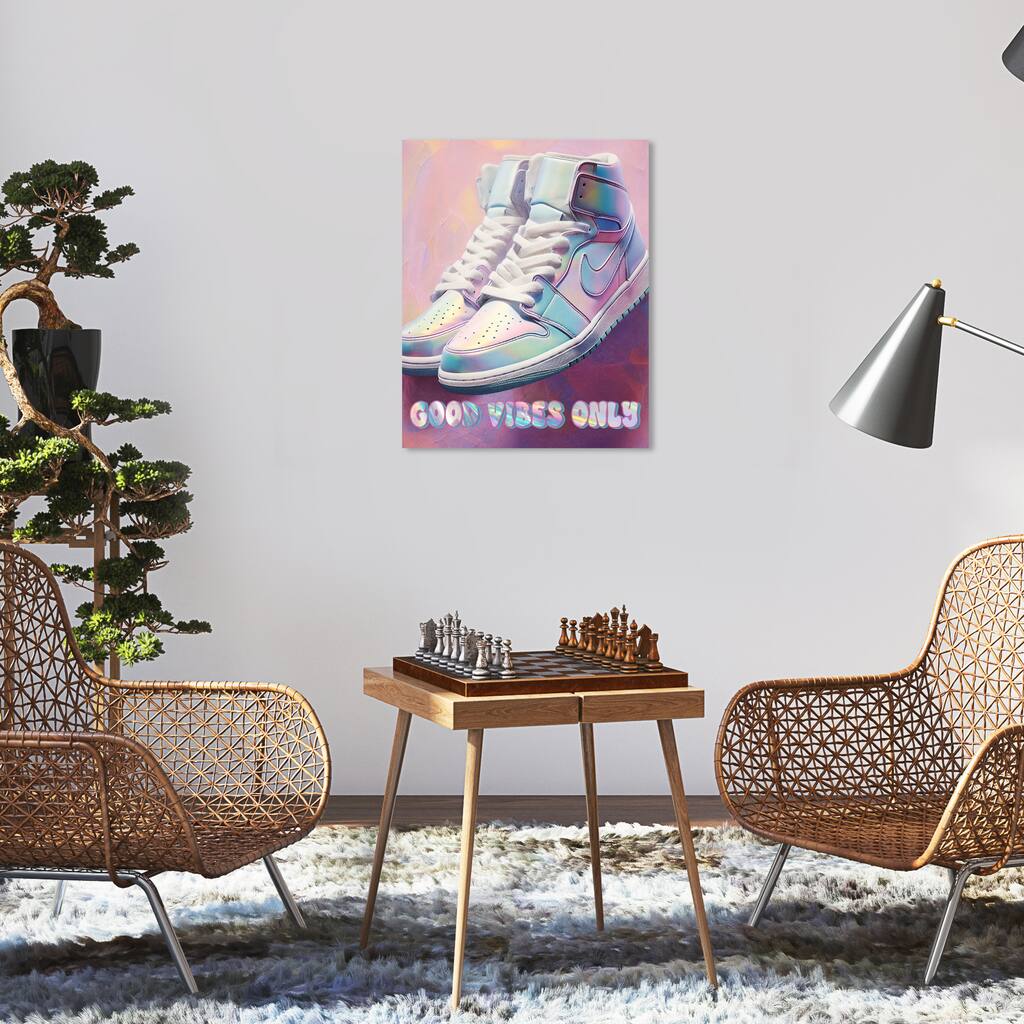 Wynwood Studio Fashion and Glam Good Vibes Sneakers Purple and Light Blue Modern & Contemporary Wall Art Canvas Print