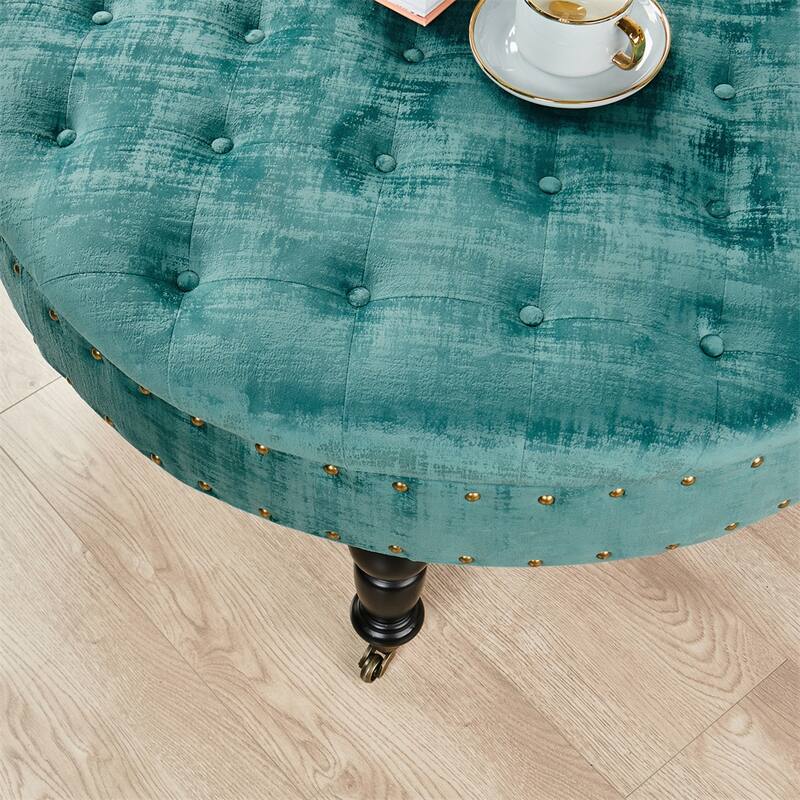 Round Velvet Tufted Coffee Table Ottoman, 34" x 34" x 17" H