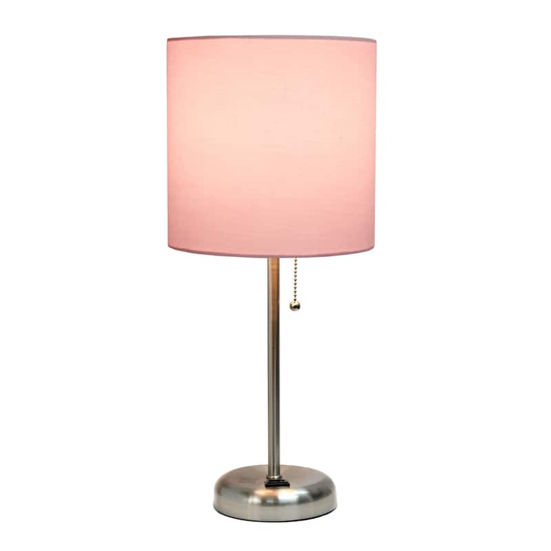 Brushed Steel Bedside Table Desk Lamp with Drum Shade - 19.5" - Silver and Pink