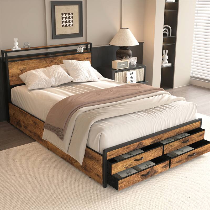Full/Queen Size Metal Bed Frame w/ Drawers,LED Headboard,Charging Station