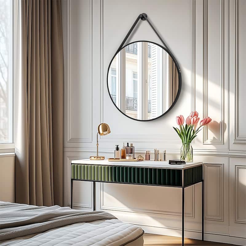Round Wall Hanging Bathroom Vanity Mirror with Leather Strap Black Aluminum Frame
