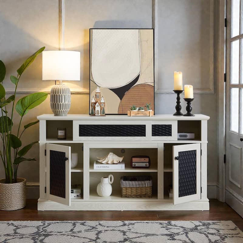 58 Inch Embossed Pattern TV Stand for TVs up to 65 Inch, Media Console with Sliding Door, Open Storage & Cable Management