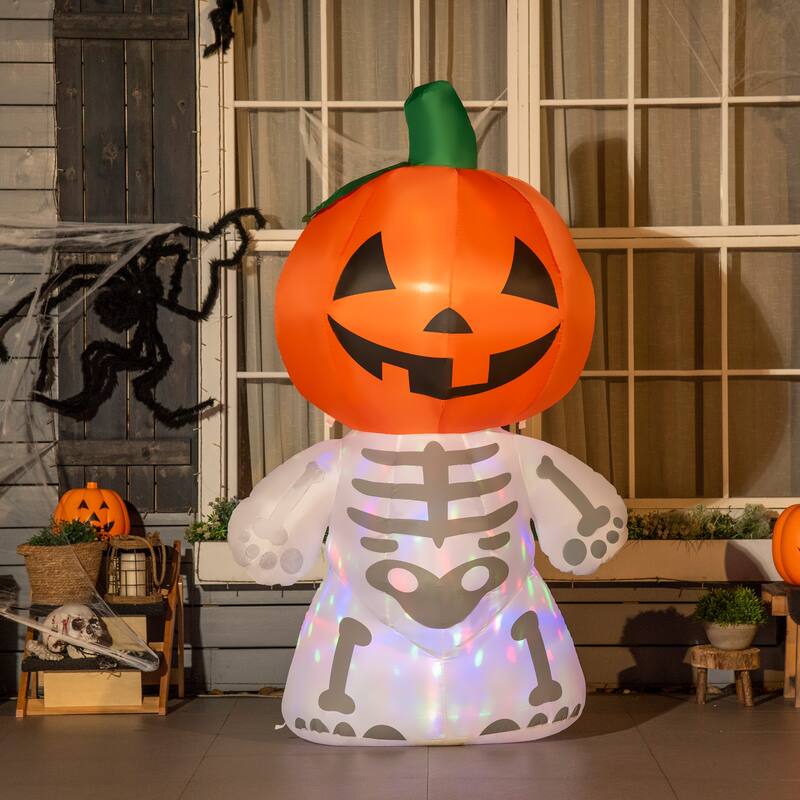 HOMCOM 6' Inflatable Pumpkin Headed Skeleton Halloween Decoration - Polyester - White