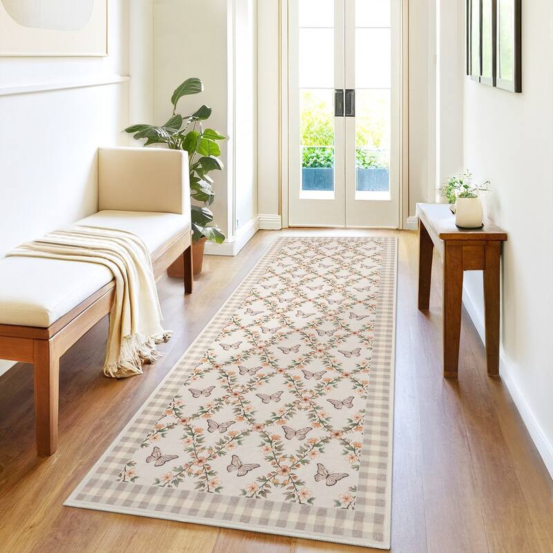 Butterfly Pattern Rugs for Living Room, Modern Floral Area Rug, Washable Border Plaid Non Slip Floor Carpet - 2'x6' - Brown