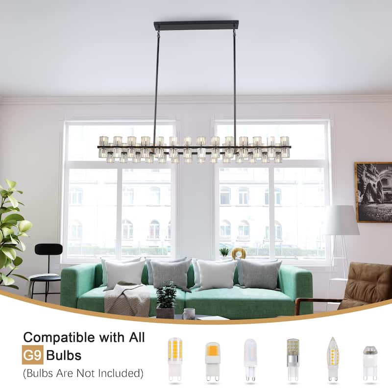 57.09-inch 56-light modern and stylish linear metal chandelier with crystal lampshades