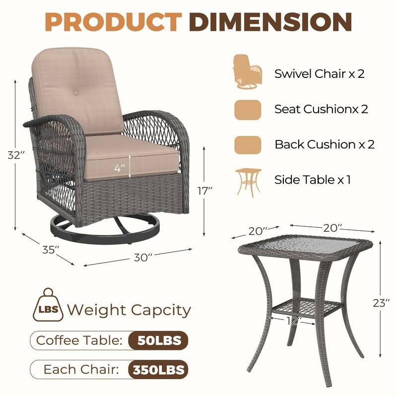 EROMMY Outdoor 3 Pieces Swivel Rocker Patio Chair Sets with Glass Table, All-Weather Wicker & Thickened Cushions for Backyard