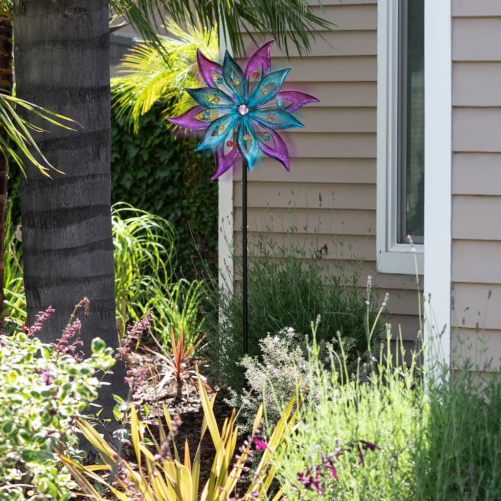 Alpine Corporation 64" Tall Outdoor Floral Windmill Stake with Gems Kinetic Spinner, Purple and Aqua