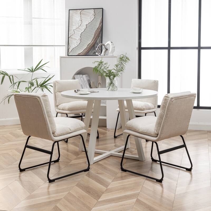 Modern 5-Piece Round Dining Table Set - Faux Leather & Polyester Blend Chairs, Sleek Trestle Base Design