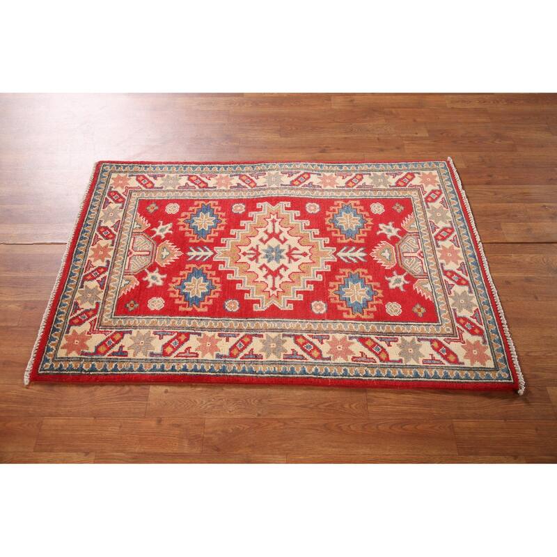 Geometric Red Kazak Oriental Accent Rug Handmade Wool Carpet - 2'9"x 4'2"