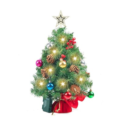 5 in. Tall Green Plastic & Metal Prelit Tabletop Christmas Tree with Color Changing LED Lights - Red