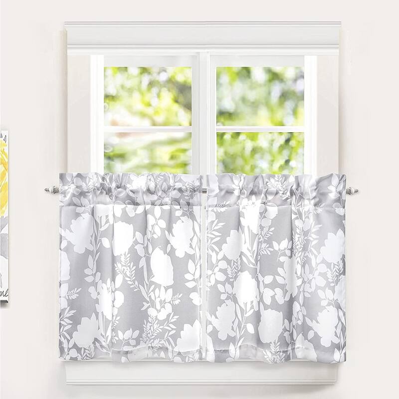 DriftAway Tier Curtains for Kitchen Windows Floral Delight Botanic Pattern Set of 2 Rod Pocket Window Treatment - 30''Wx24''L - 30''Wx24''L - Gray