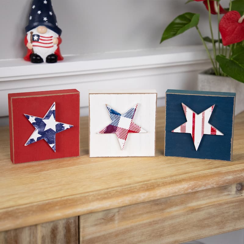 Set of 3 Stars and Stripes Americana Wooden Plaques 4.25" - Red White and Blue