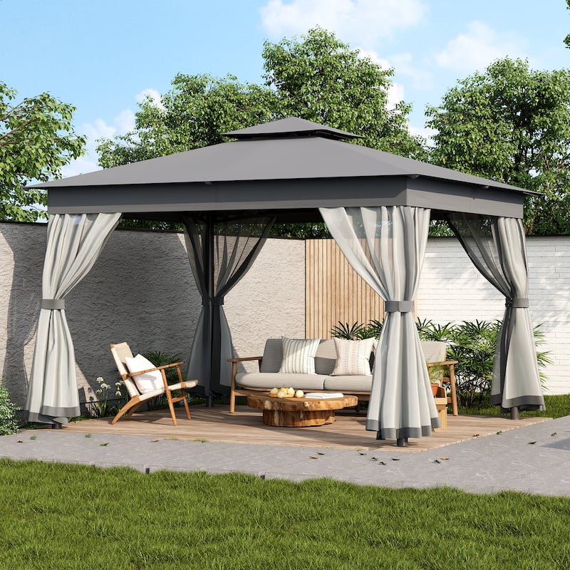Roomfitters 10x12 FT Outdoor Gazebo with Double Roofs, Patio Canopy and Mosquito Netting for Backyard, Garden, Lawn - Grey