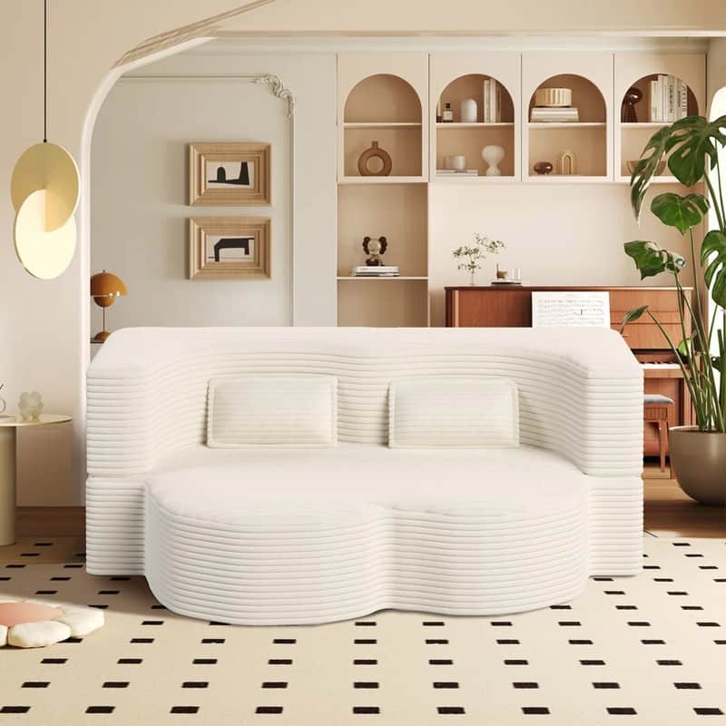 Modern 78" Full Size Convertible Corduroy Foam-Filled Sleeper Sofa,Modern Floor Sofa with 2 Pillows