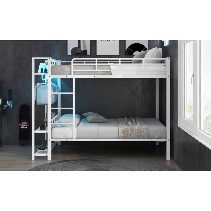 Full Over Full Size Bunk Bed with Storage Mesh Shelves and Clothes Hooks, LED Light - Metal Bed Frame with Metal Slat Support