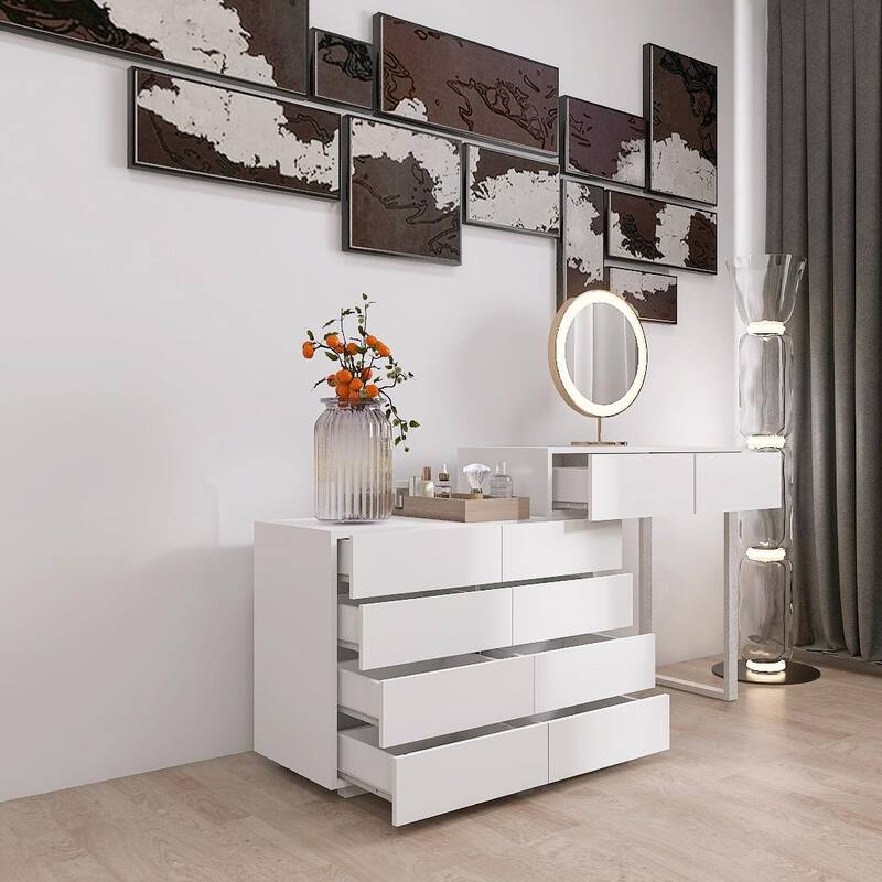 Extendable Makeup Vanity Desk, 10 Drawers Dresser, Bedroom Dressing Table (No Mirror)