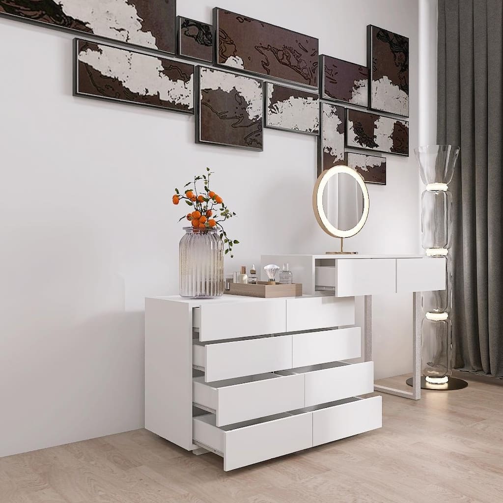 Modern Handleless Dressing Table with 10 Drawers and Extended Tabletop, for Bedrooms and Living Rooms