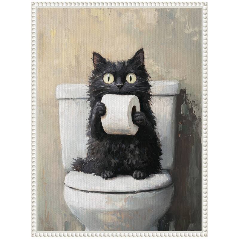 Kate and Laurel Sylvie Funny Black Cat Toilet Paper Roll Toilet Bathroom Art Framed Canvas by The Creative Bunch Studio