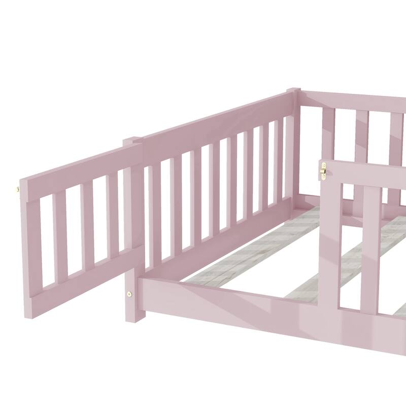 Twin Size Floor Bed with Fence and Door,Rubber Wood Floor Bed with Safety