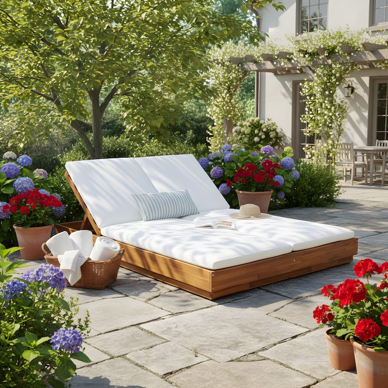 Christopher Knight Home - Xena Outdoor 1-Piece Acacia Wood Double Sunlounge with Adjustable Backrest & Removable Cushion