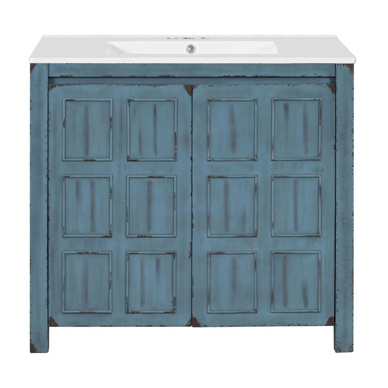36 inch Bathroom Vanity with Ceramic Sink, Soft-Close Door, Shelf - Retro Blue