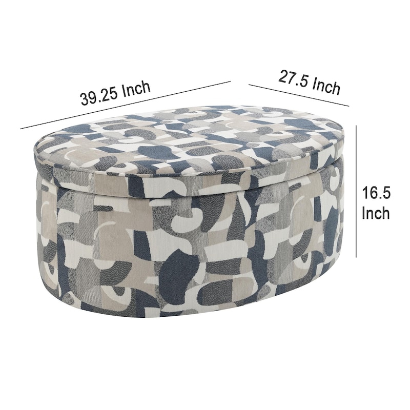 Kito Oval Accent Ottoman, 39 Inch, Hidden Storage, Patterned Fabric