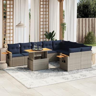 vidaXL Patio Sofa Set with Cushions Outdoor Furniture 10 Piece Poly Rattan - 21.7 x 24.4 x 27.2