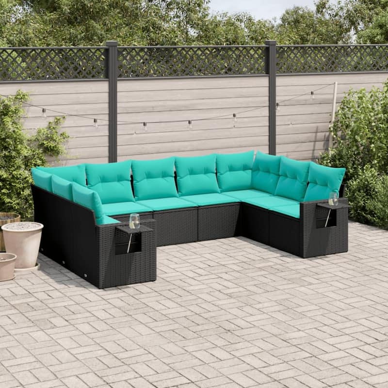 vidaXL 9 Piece Patio Sofa Set with Cushions Black Poly Rattan - 21.7x27.2x24.4-Without table