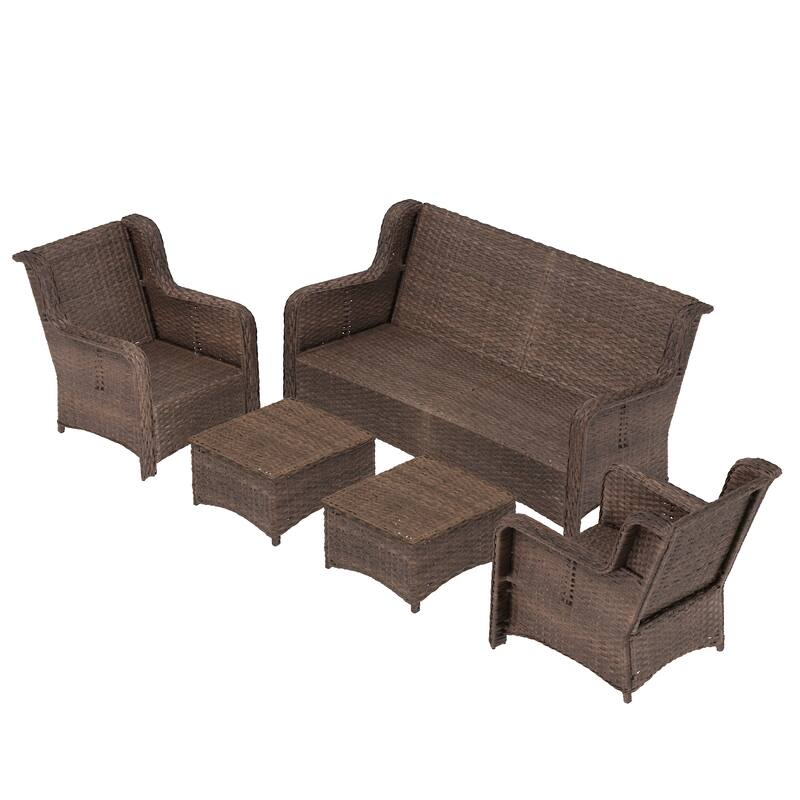5 Piece Rattan Outdoor Patio Conversation Set, All Weather Hand Woven Wicker Sectional Sofa Set with Removable Cushions