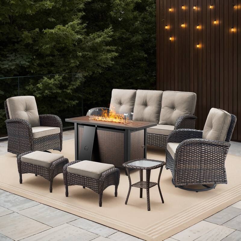 Gymojoy 7-Piece Outdoor Wicker Set with Fire Pit, 3-Seater Sofa, Swivel Chairs & Ottomans