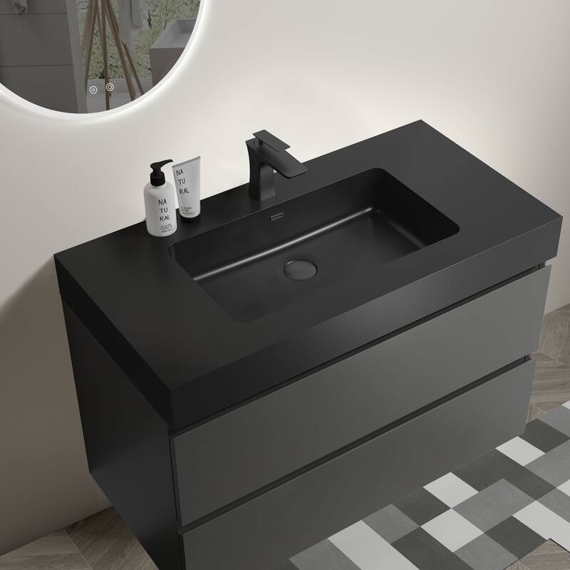 36"Bathroom Vanity with Sink,Storage Wall Mounted Floating Bathroom Vanity,One-Piece Black Sink Basin without Drain and Faucet