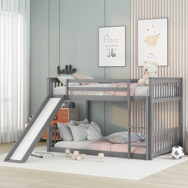 slide 2 of 12, Full Over Full Bunk Bed with Slide and Ladder, Safety Guardrails, Grey Grey - Full