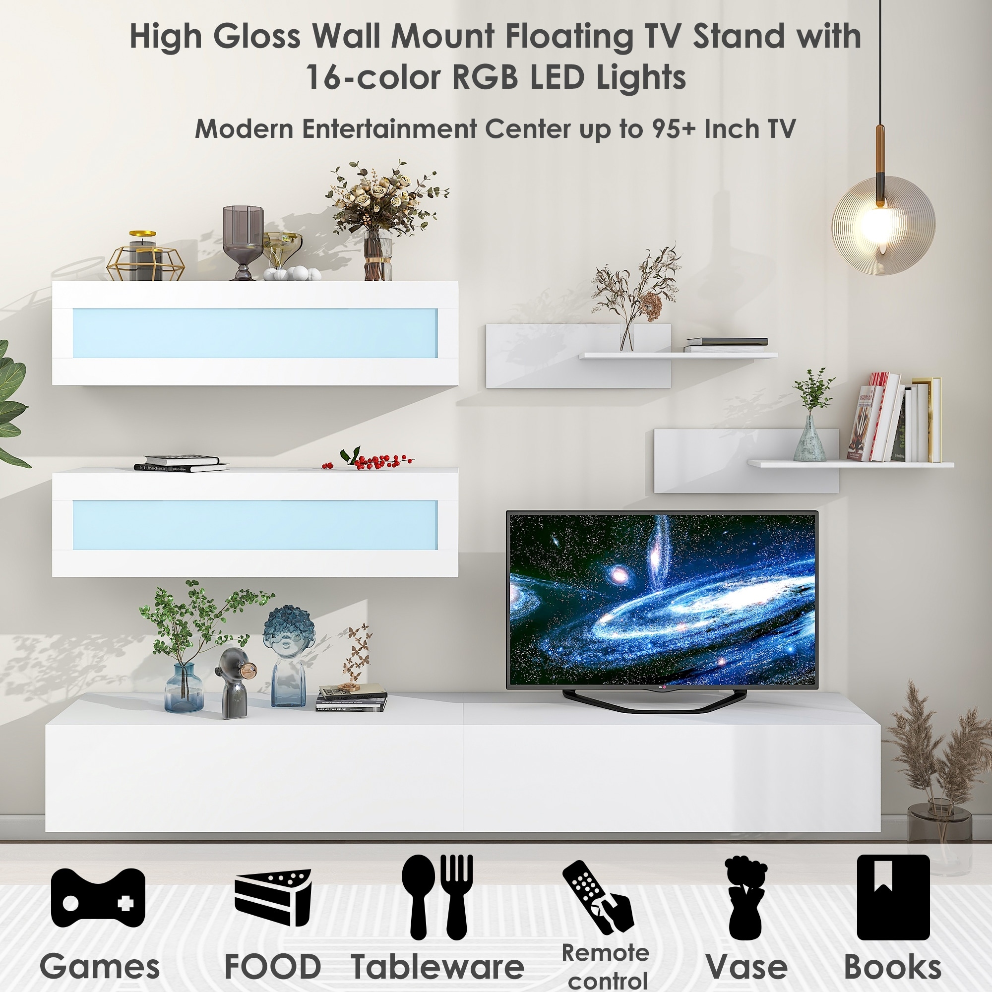 Wall Mount Floating Stand with 4 Media Storage 2 Shelves 16