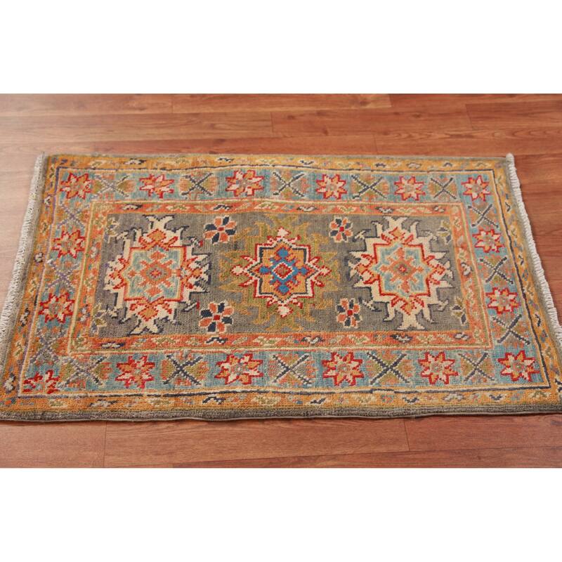 Gray Geometric Kazak Oriental Accent Foyer Rug Handmade Wool Carpet - 2'0"x 3'0" - 2'0"x 3'0" - Grey